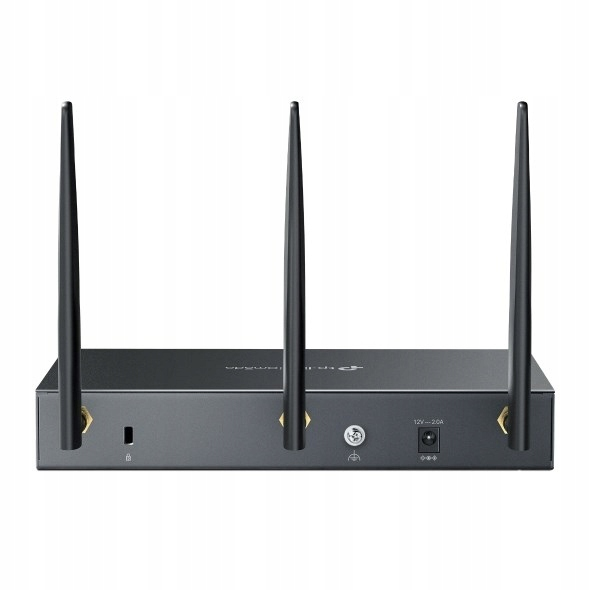 Czarny router TP-Link z trzema pionowymi antenami, portami i śrubą uziemiającą z tyłu.