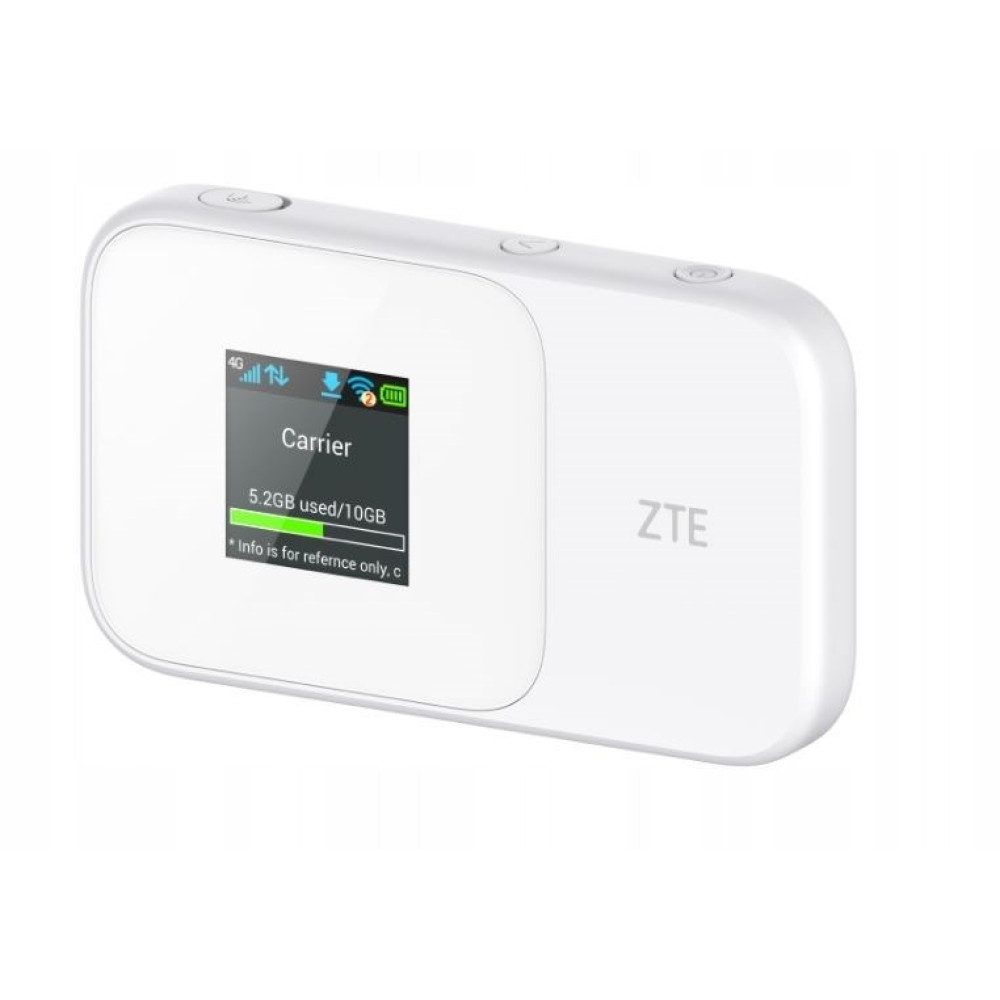 Ein weißer mobiler WLAN-Router mit einem kleinen Bildschirm, der den Datenverbrauch anzeigt, und dem ZTE-Logo auf der rechten Seite.