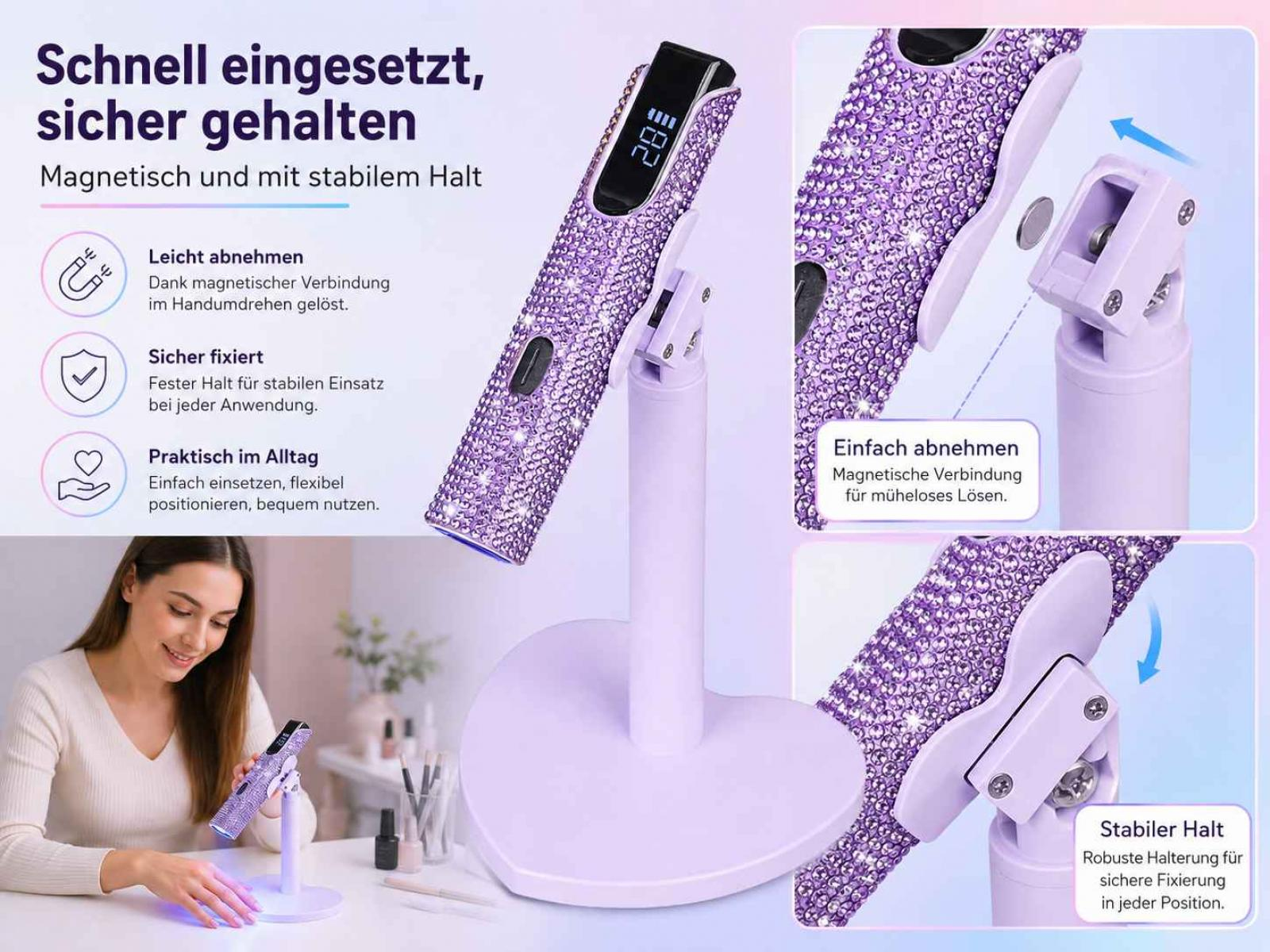 Eine lila strassbesetzte Nagellampe auf herzförmigem Sockel mit magnetischer Halterung und deutschen Texten.
