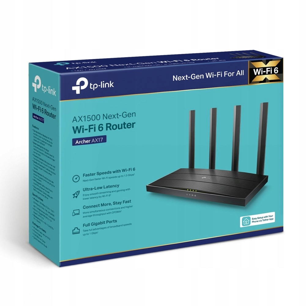 Produktverpackung eines blauen TP-Link AX1500 Wi-Fi 6 Routers mit vier Antennen.
