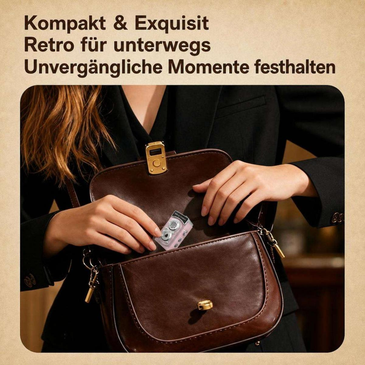 Person packt eine kleine, rosa Retro-Kamera in eine braune Ledertasche. Text darüber auf Deutsch.