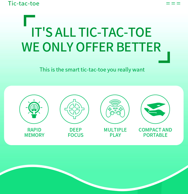 Eine grüne Grafik zeigt Tic-Tac-Toe-Funktionen: schnelles Gedächtnis, tiefer Fokus, mehrfaches Spielen und kompaktes Design.