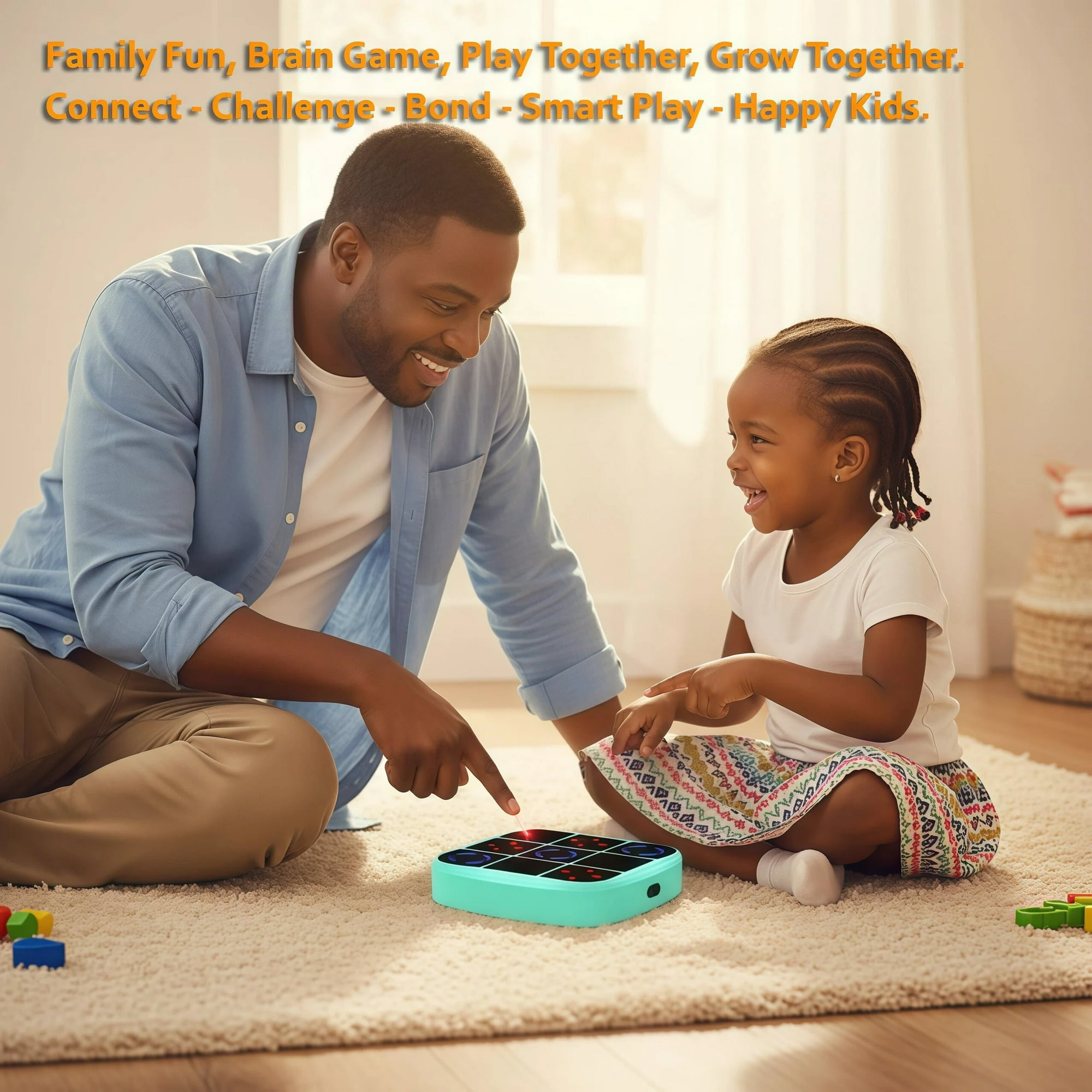 Ein Vater und seine Tochter sitzen auf einem Teppich und spielen zusammen mit einem elektronischen Spiel.