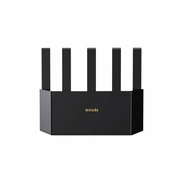 Czarny router Wi-Fi Tenda z pięcioma pionowymi antenami i złotym logo na białym tle.