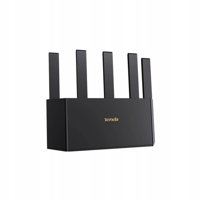 Czarny router Tenda z pięcioma pionowymi antenami na białym tle.