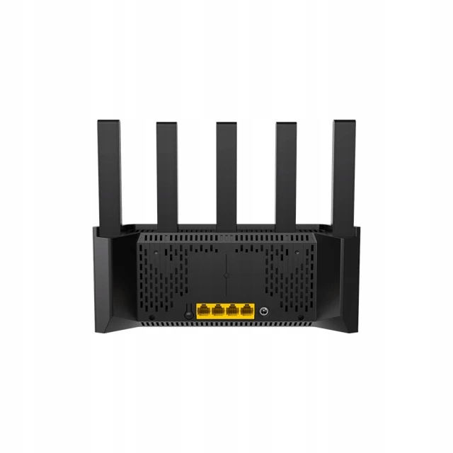 Widok z tyłu czarnego routera z pięcioma pionowymi antenami i czterema żółtymi portami ethernet.