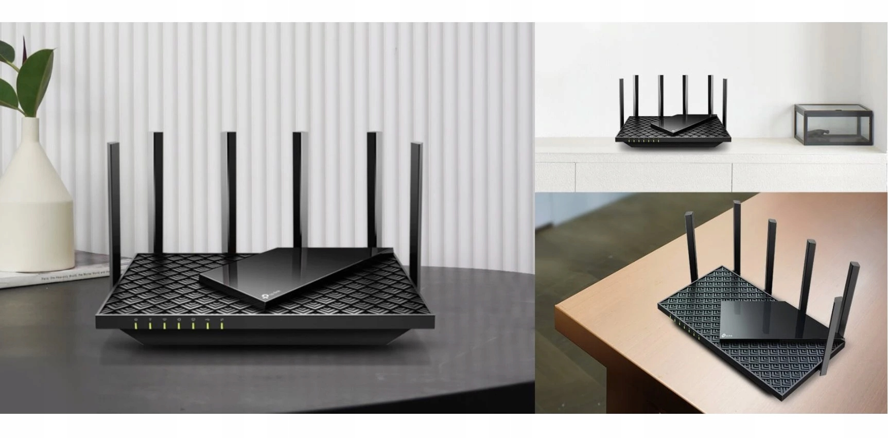 Ein schwarzer WLAN-Router mit mehreren Antennen steht auf verschiedenen Oberflächen in hellen Innenräumen.