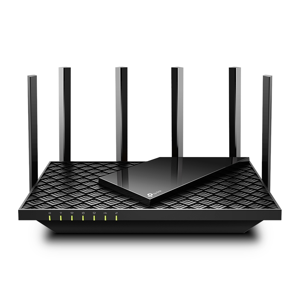 Ein schwarzer WLAN-Router mit sechs Antennen und leuchtenden grünen Status-LEDs.