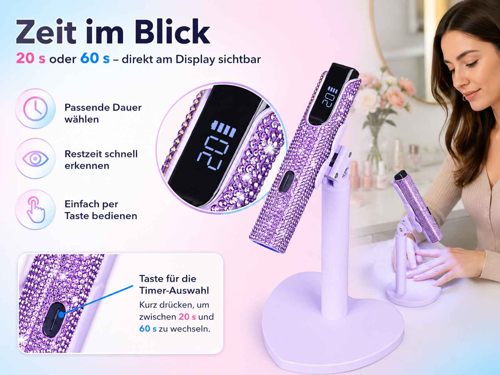 Lila strassbesetzte Nagellampe auf herzförmigem Ständer, im Hintergrund eine Frau bei der Nagelpflege.