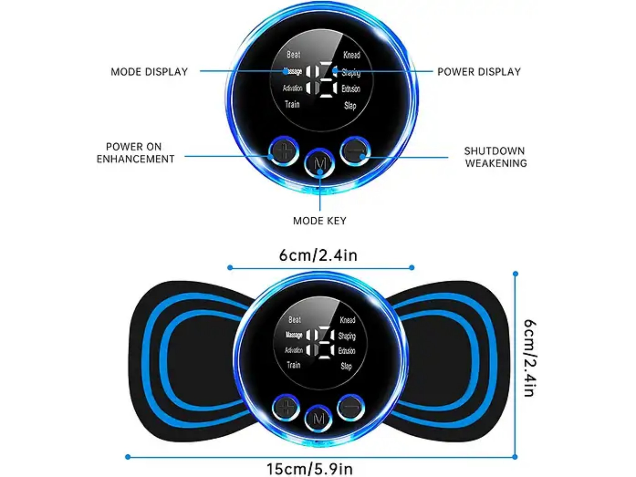 Diagramm eines runden Massagegeräts mit blauem Licht und Maßen von 6x15 cm sowie Funktionstasten.