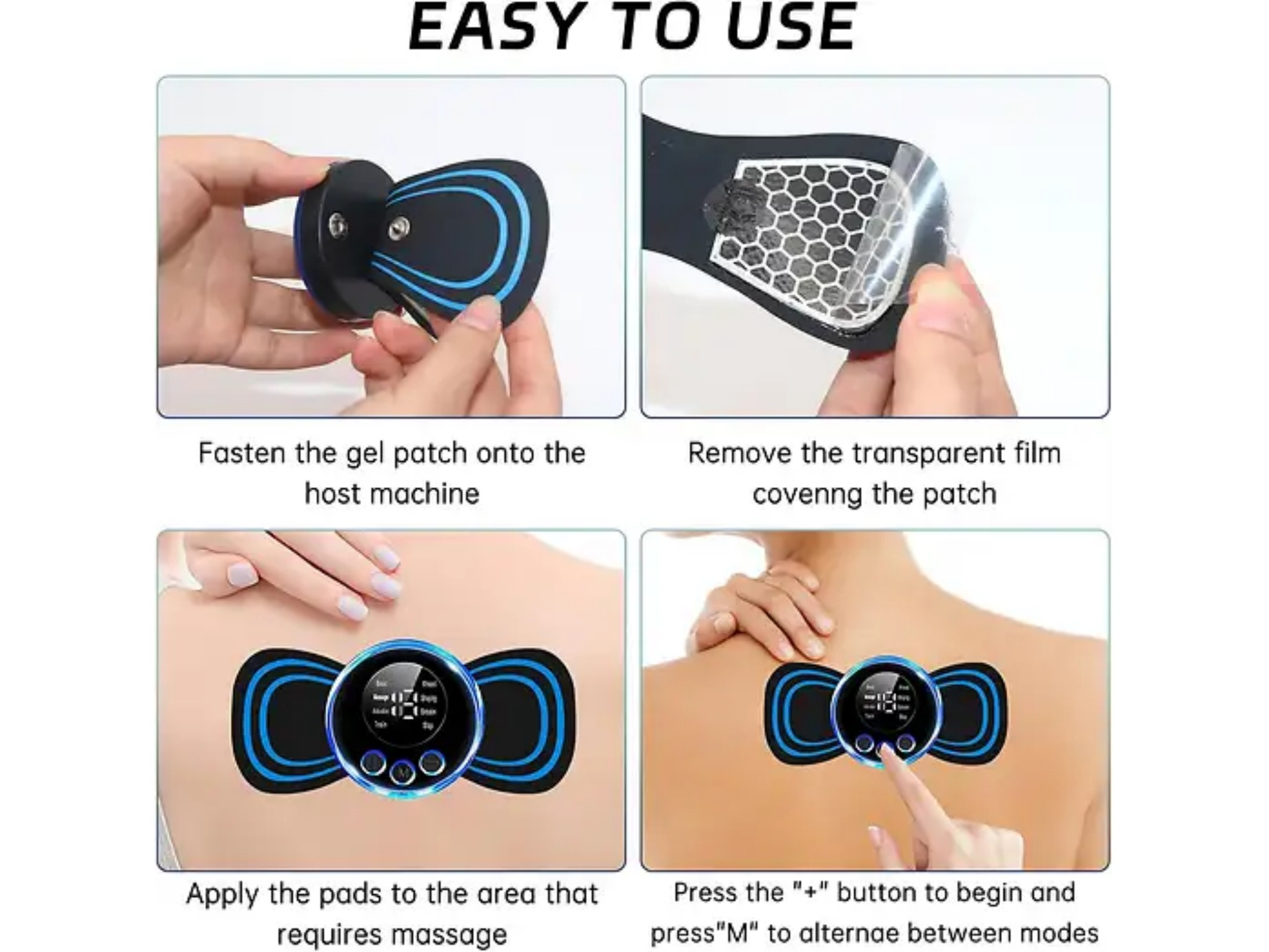 Vier schritte zeigen die anwendung eines massagegeräts mit gel-pads.