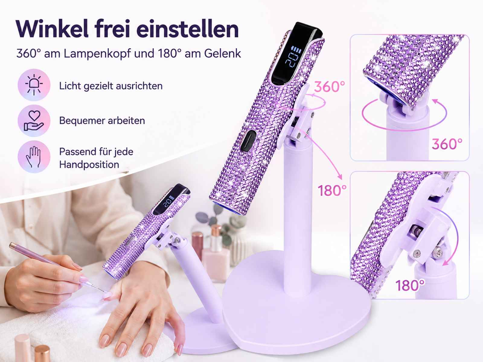 Glitzernde violette Nagellampe mit verstellbarem Kopf auf einem herzförmigen Ständer.