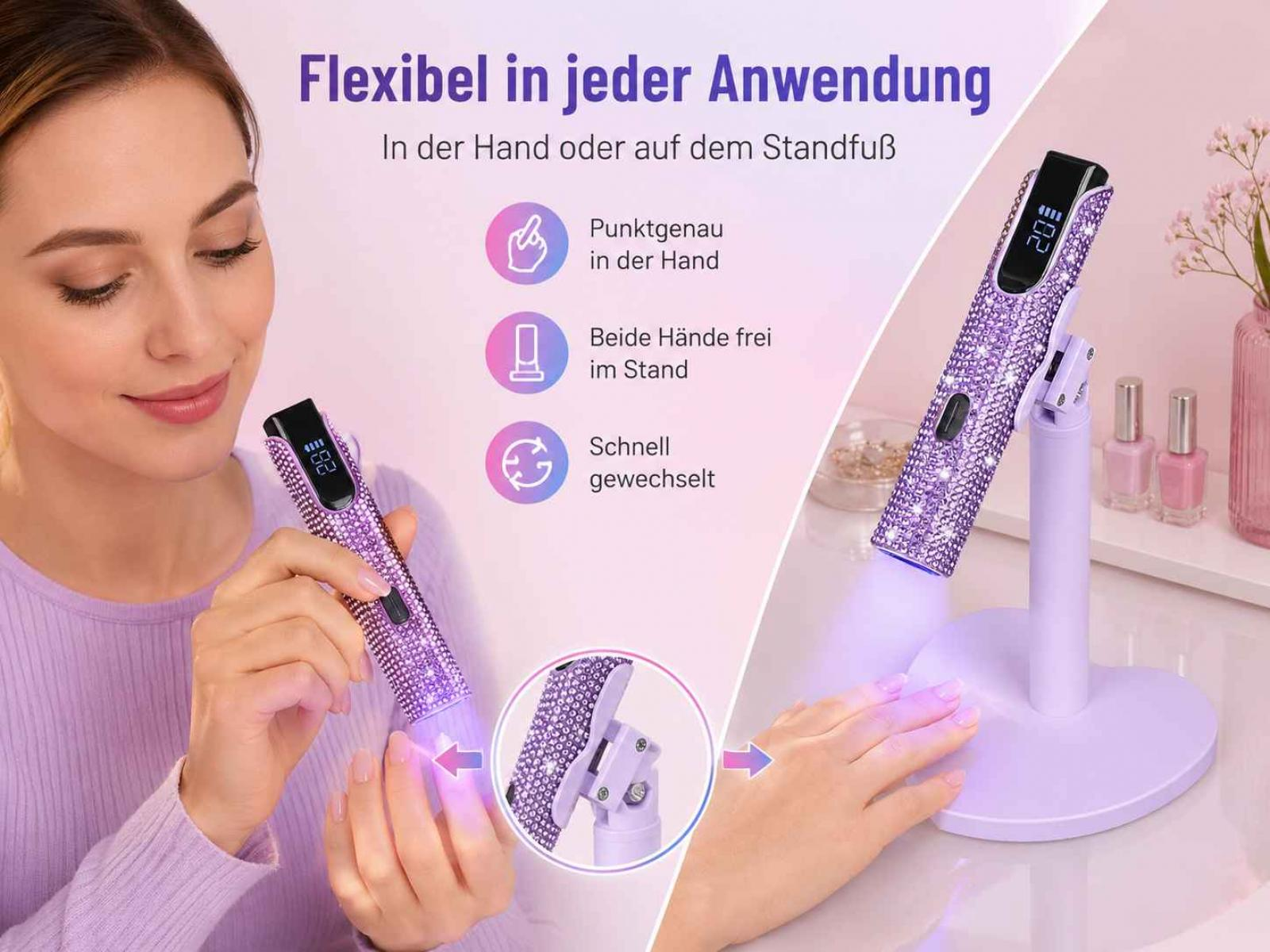 Eine Frau nutzt eine glitzernde violette UV-LED-Nagellampe in der Hand und auf einem Ständer.