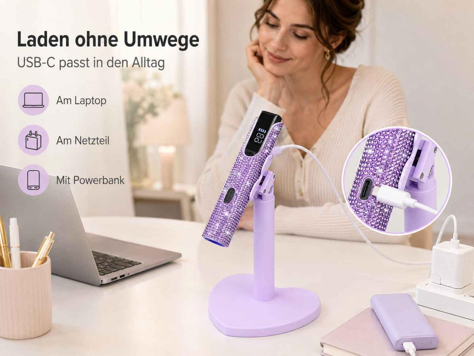Ein glitzerndes lila Gerät auf herzförmigem Ständer, mit lächelnder Frau, Laptop und deutschem Text im Hintergrund.