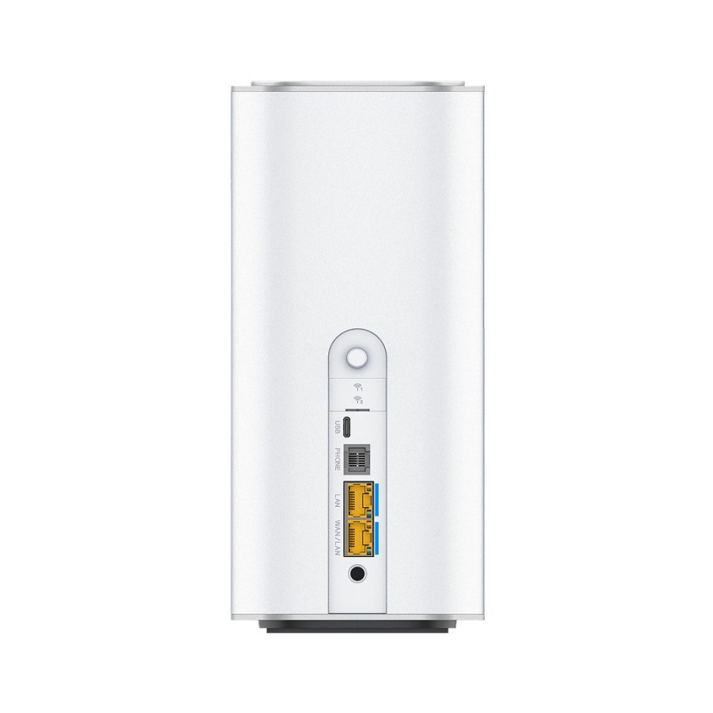 Widok z tyłu białego routera z portami USB, telefonu, LAN i WAN.