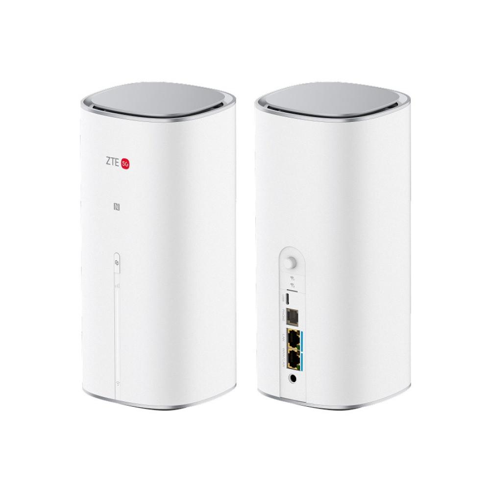 Dwa białe cylindryczne routery ZTE 5G, widok z przodu z logo i z tyłu z portami.