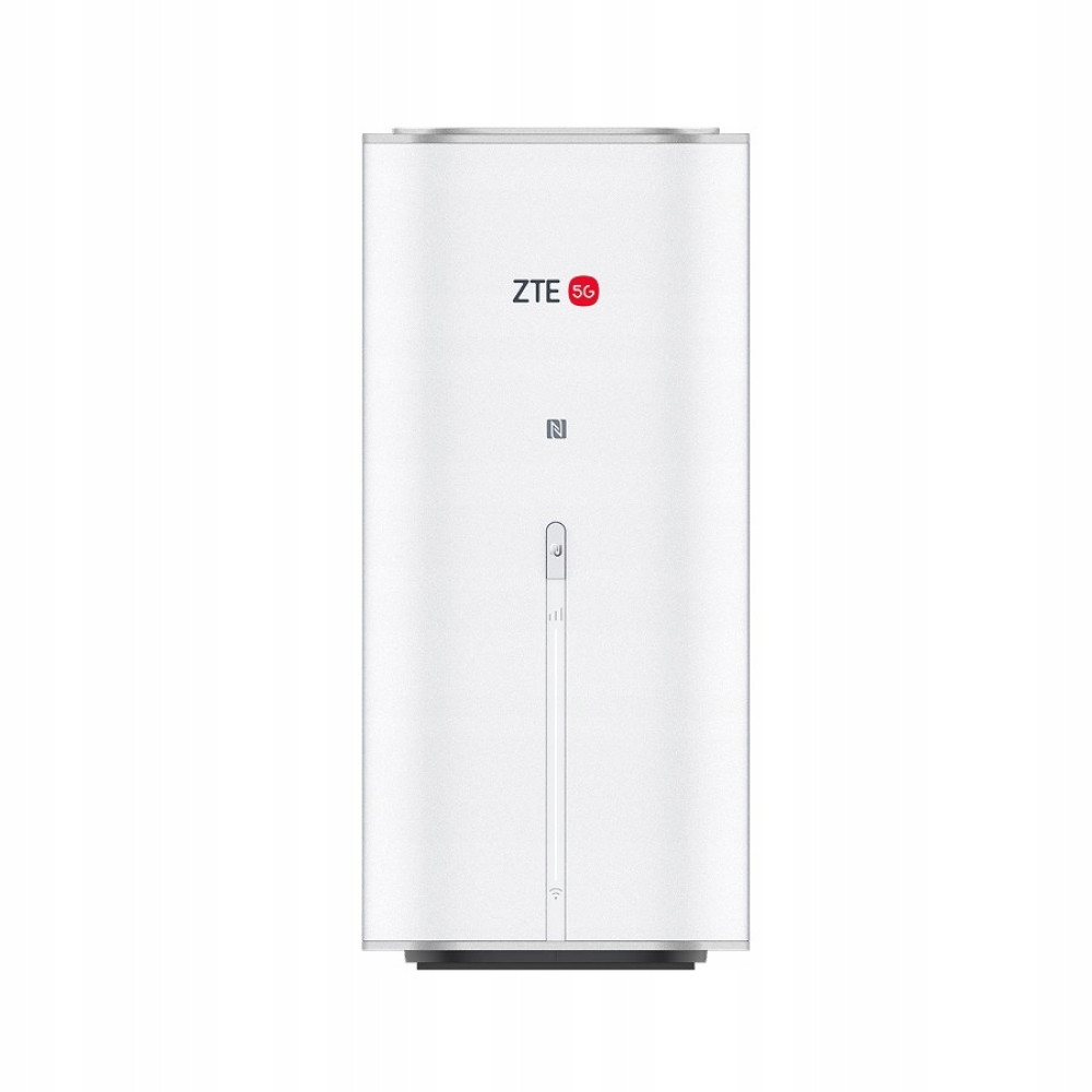 Biały router ZTE 5G z pionowym czarnym paskiem, przyciskiem zasilania i logo NFC na białym tle.