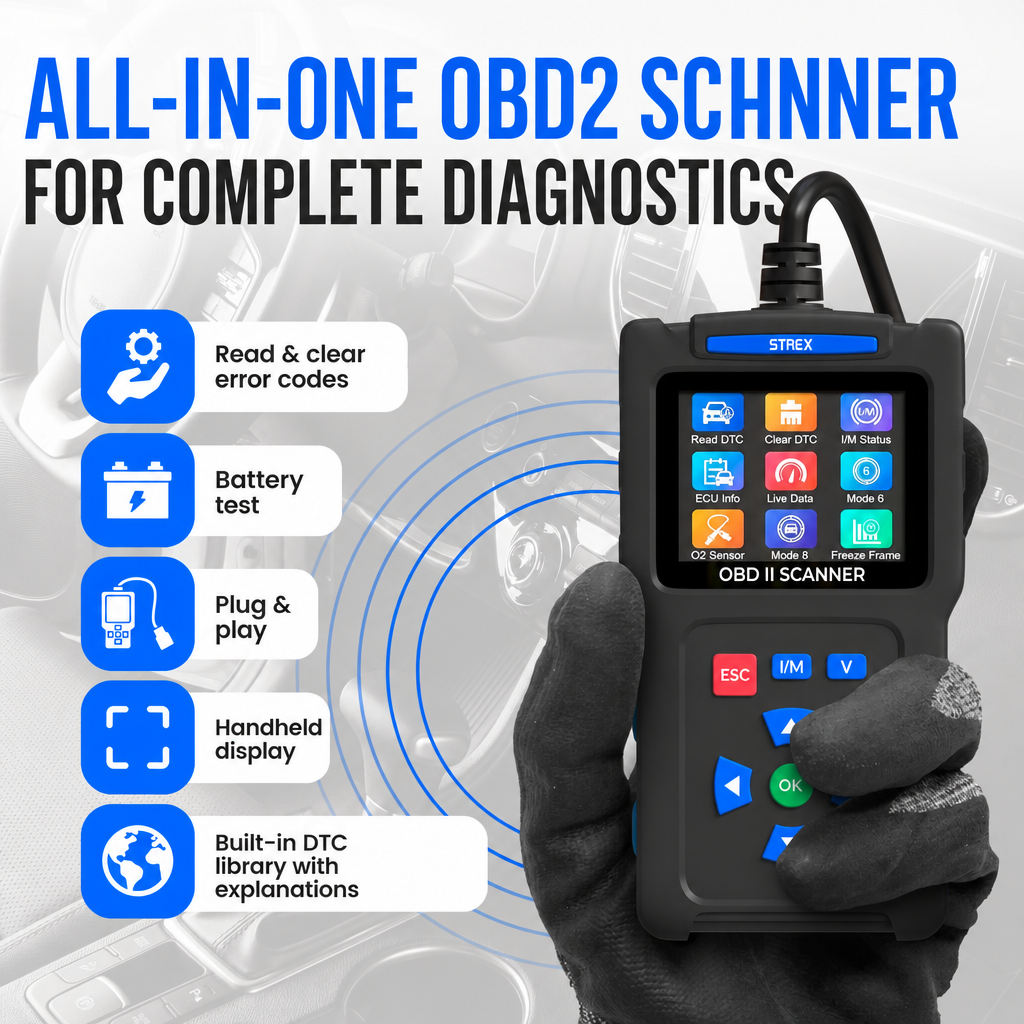 Hand hält einen OBD2-Scanner für Autodiagnostik vor dem Armaturenbrett eines Autos.