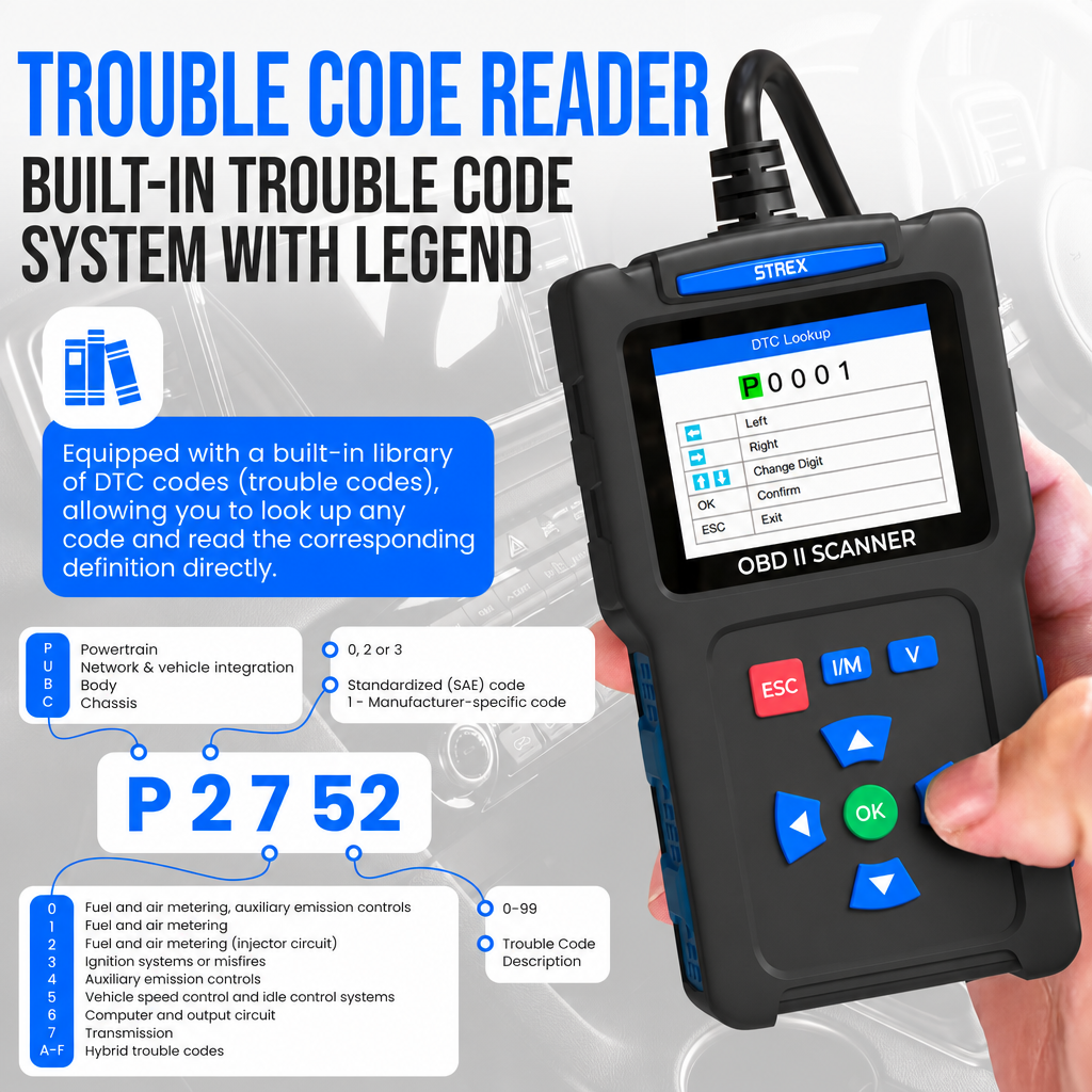 Ein Handheld-OBD-II-Scanner zeigt Fehlercodes an, mit Infografiken zu DTC-Funktionen im Hintergrund.