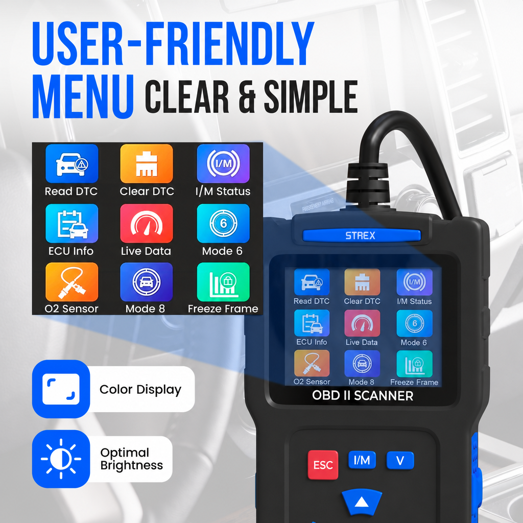 Ein STREX OBD2-Scanner mit klarem Farbdisplay und verschiedenen Menüoptionen für die Autodiagnose.