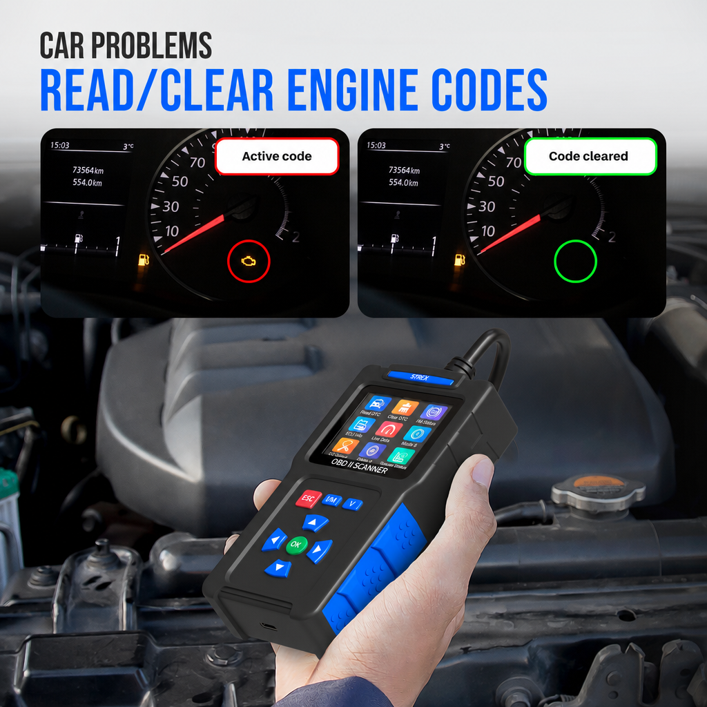 Ein OBD-II-Scanner in einer Hand über einem Motor, mit Armaturenbrettern, die aktive und gelöschte Codes zeigen.