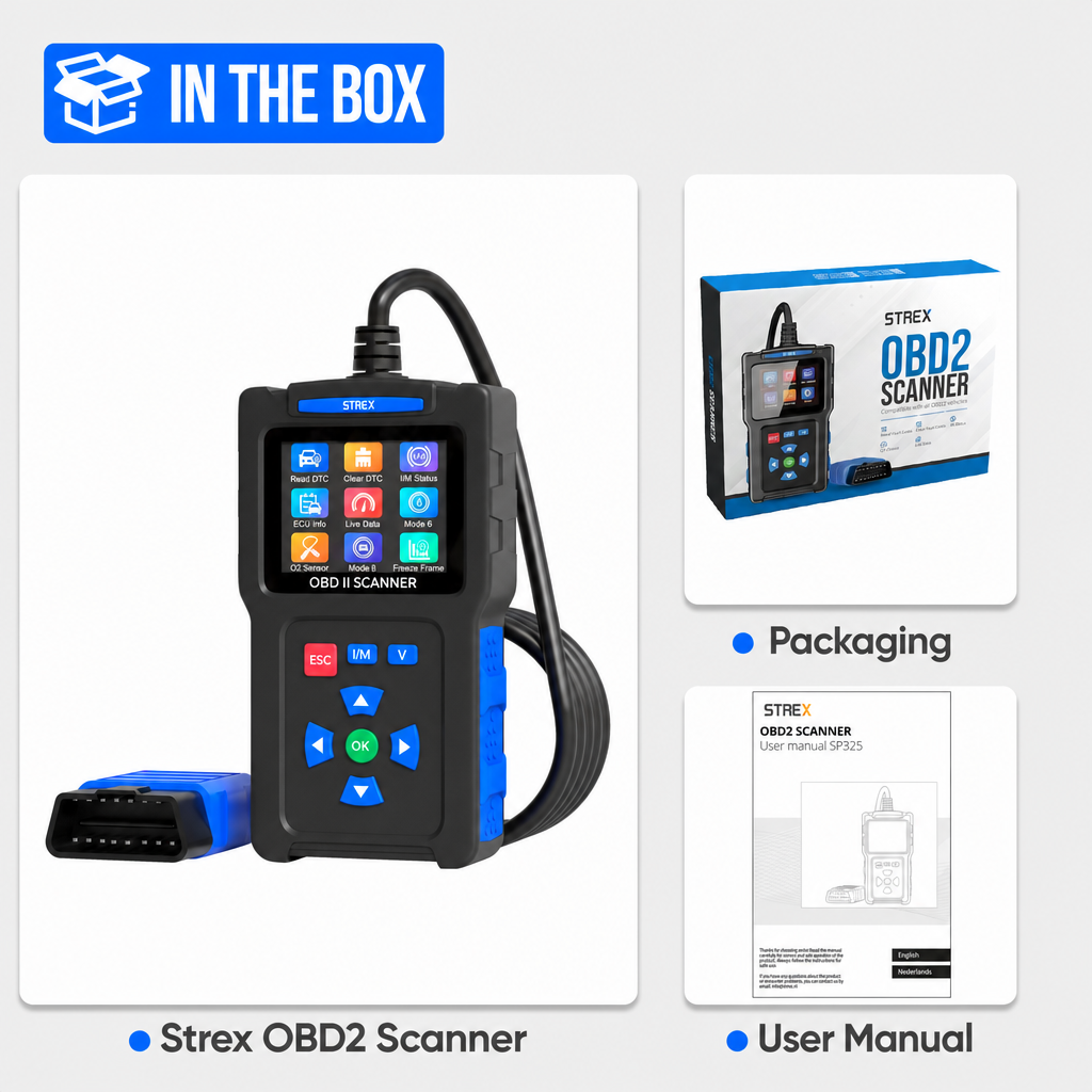 Strex OBD2-Scanner mit LCD-Bildschirm, Tasten und Kabel, verpackt in Karton mit Bedienungsanleitung.