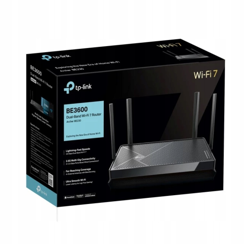 Router Wi-Fi 7 TP-Link BE3600 w czarnym opakowaniu z czterema antenami i specyfikacją.