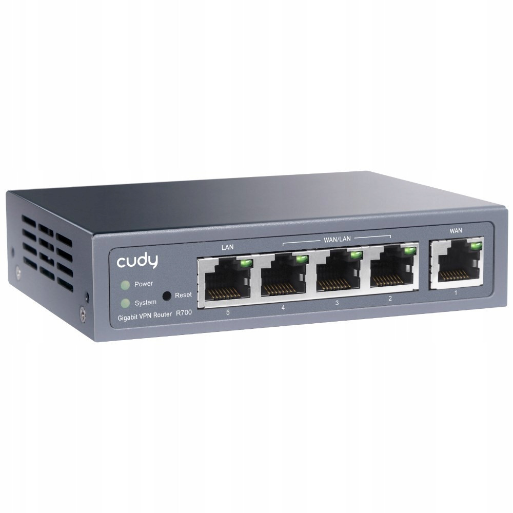 Szary router VPN Cudy Gigabit R700 z pięcioma portami Ethernet i dwiema lampkami stanu.