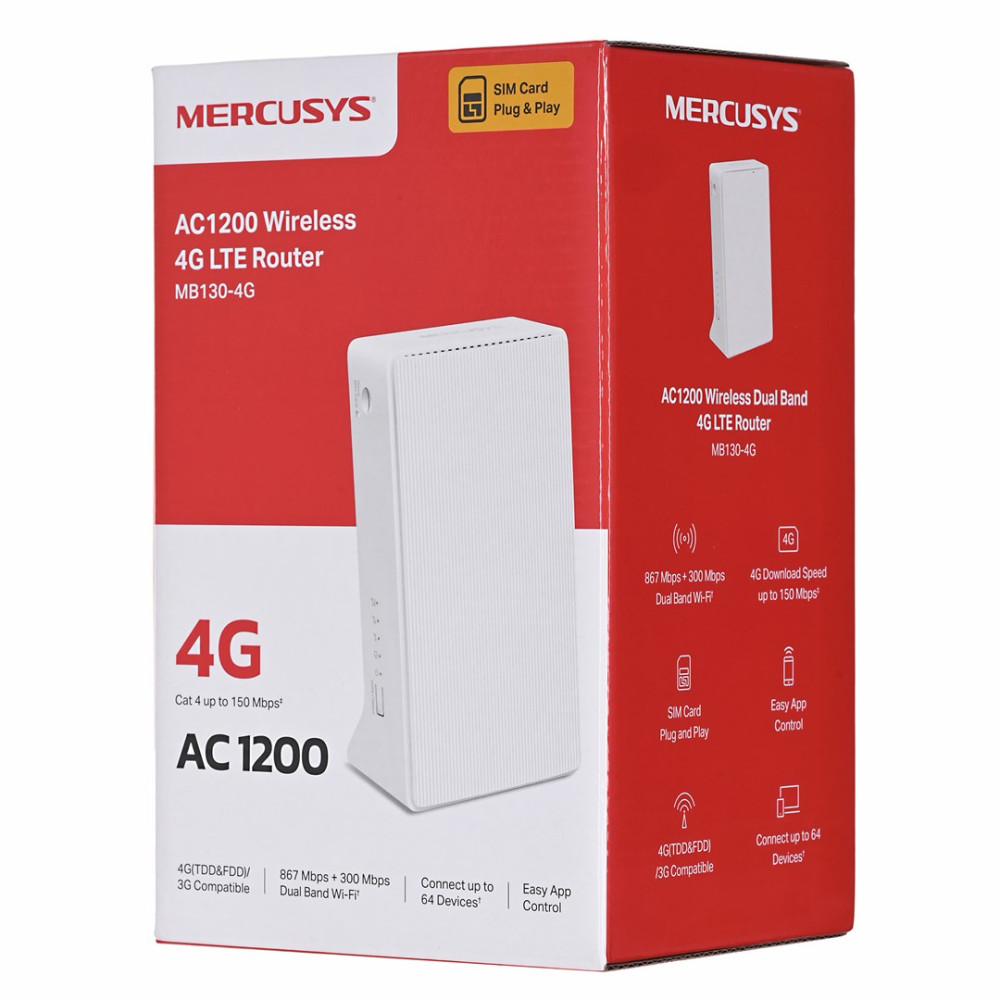 Rote und weiße Mercusys AC1200 WLAN 4G LTE Router Box auf weißem Hintergrund.