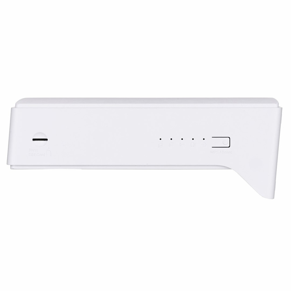 Ein weißer rechteckiger Router mit Nano-SIM-Steckplatz, Statusleuchten und WPS/Reset-Knopf auf weißem Hintergrund.