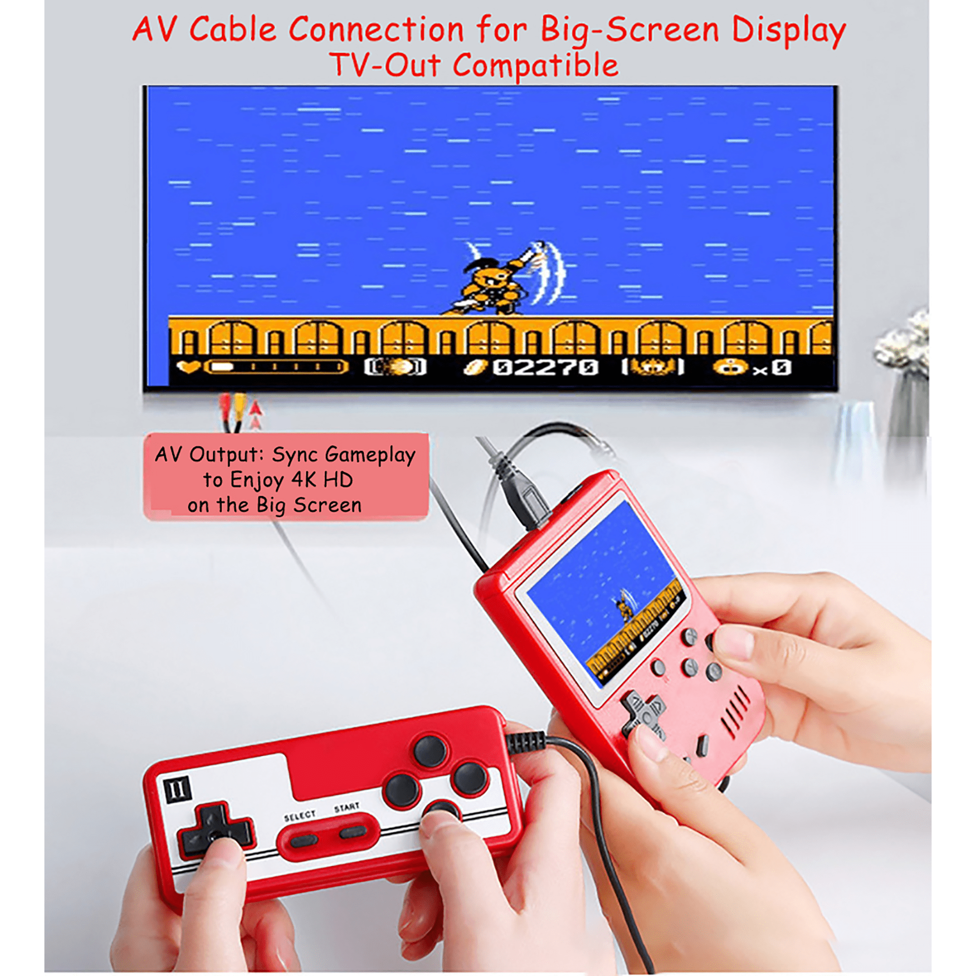 Eine Hand hält eine rote tragbare Konsole, die mit einem Fernseher verbunden ist, während die andere ein Gamepad hält.