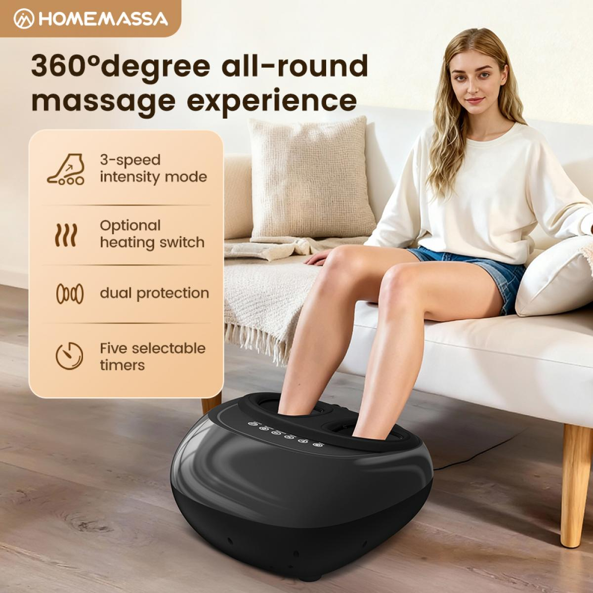 Eine Frau sitzt auf einem Sofa und nutzt ein schwarzes Fußmassagegerät, mit Werbetexten im Bild.
