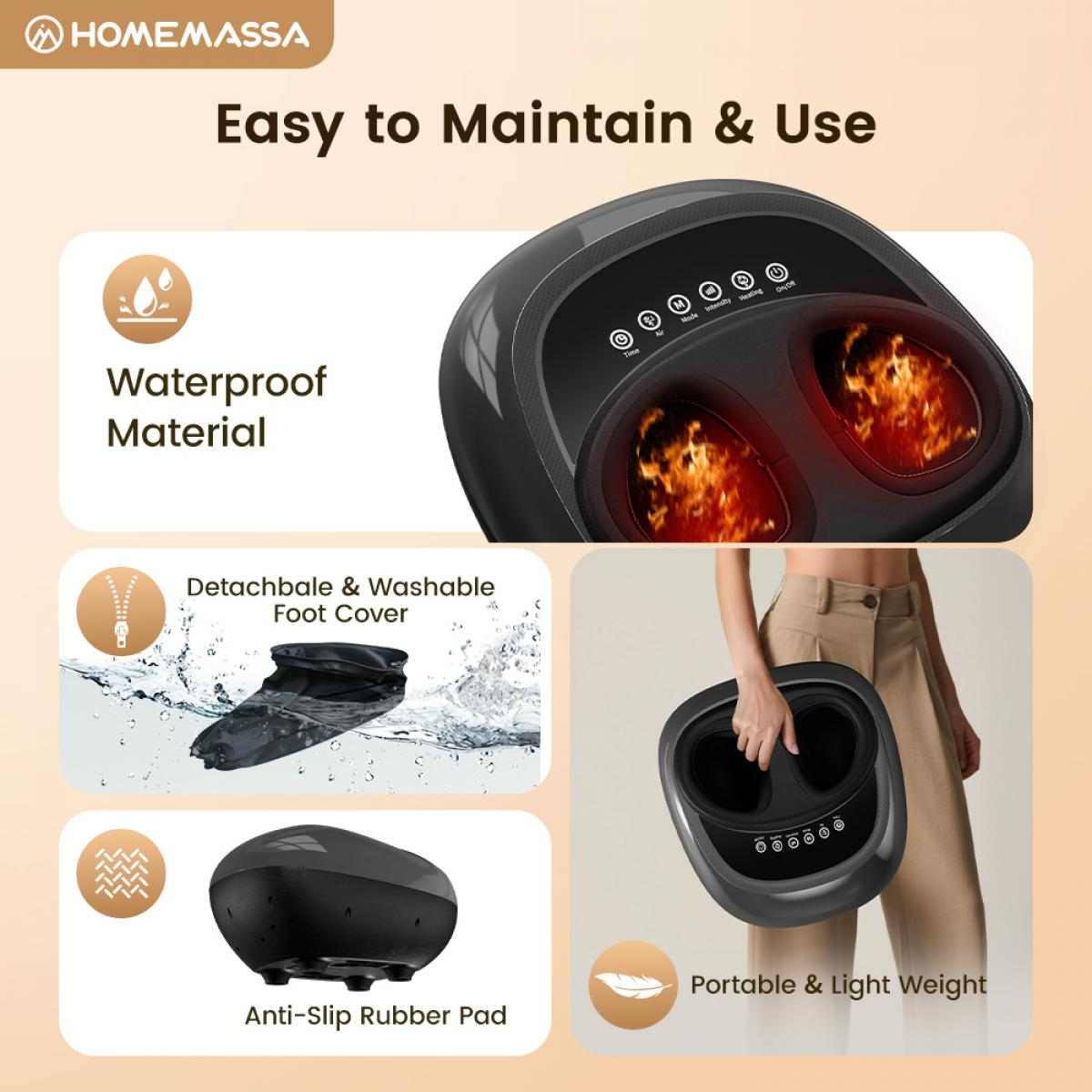 Produktmerkmale des Homemassa Fußmassagers: wasserdicht, waschbare Bezüge, rutschfest und leicht.