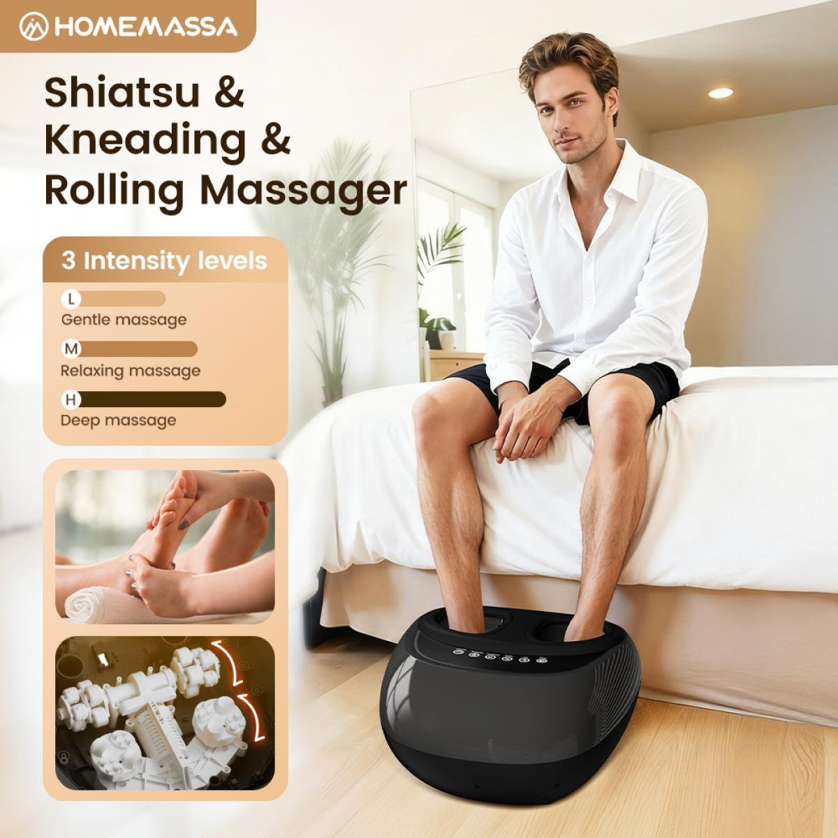 Ein Mann sitzt auf dem Bett und nutzt ein schwarzes Fußmassagegerät, mit Einlagen für Modi und Mechanismus.