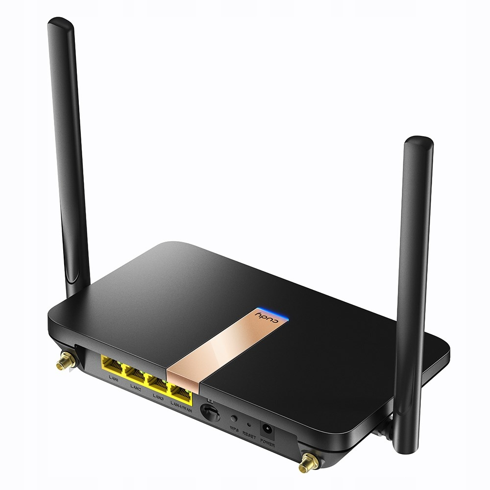 Czarny router Wi-Fi z dwiema antenami, żółtymi portami Ethernet i miedzianym paskiem na górze.