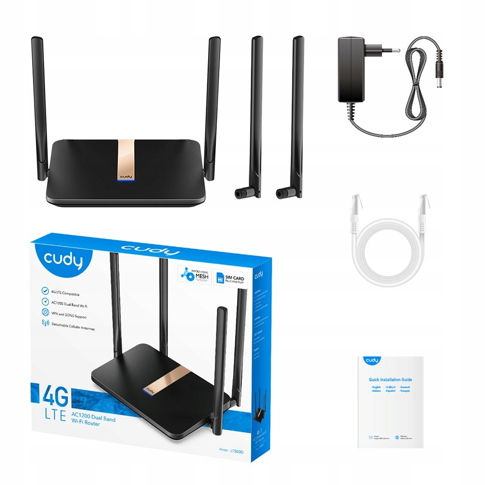 Czarny router Wi-Fi Cudy 4G LTE z dwiema antenami, zasilaczem, kablem ethernet, instrukcją i pudełkiem.