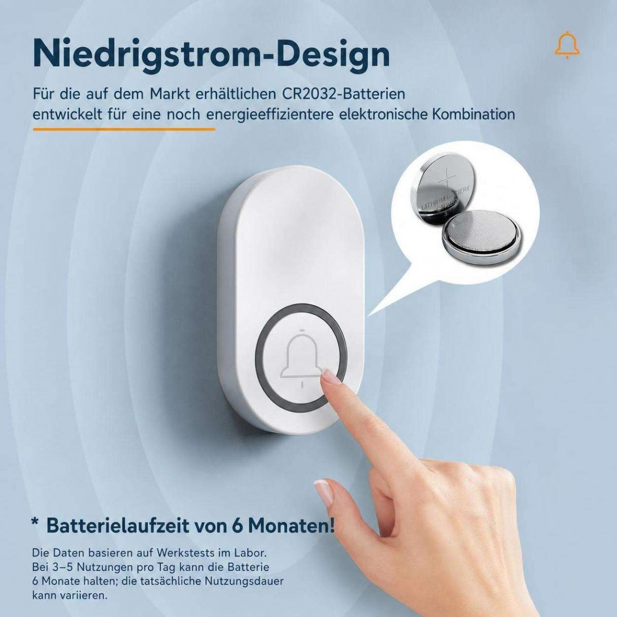Hand drückt einen weißen Funkgong mit CR2032-Batterie und Text über den energiesparenden Betrieb.