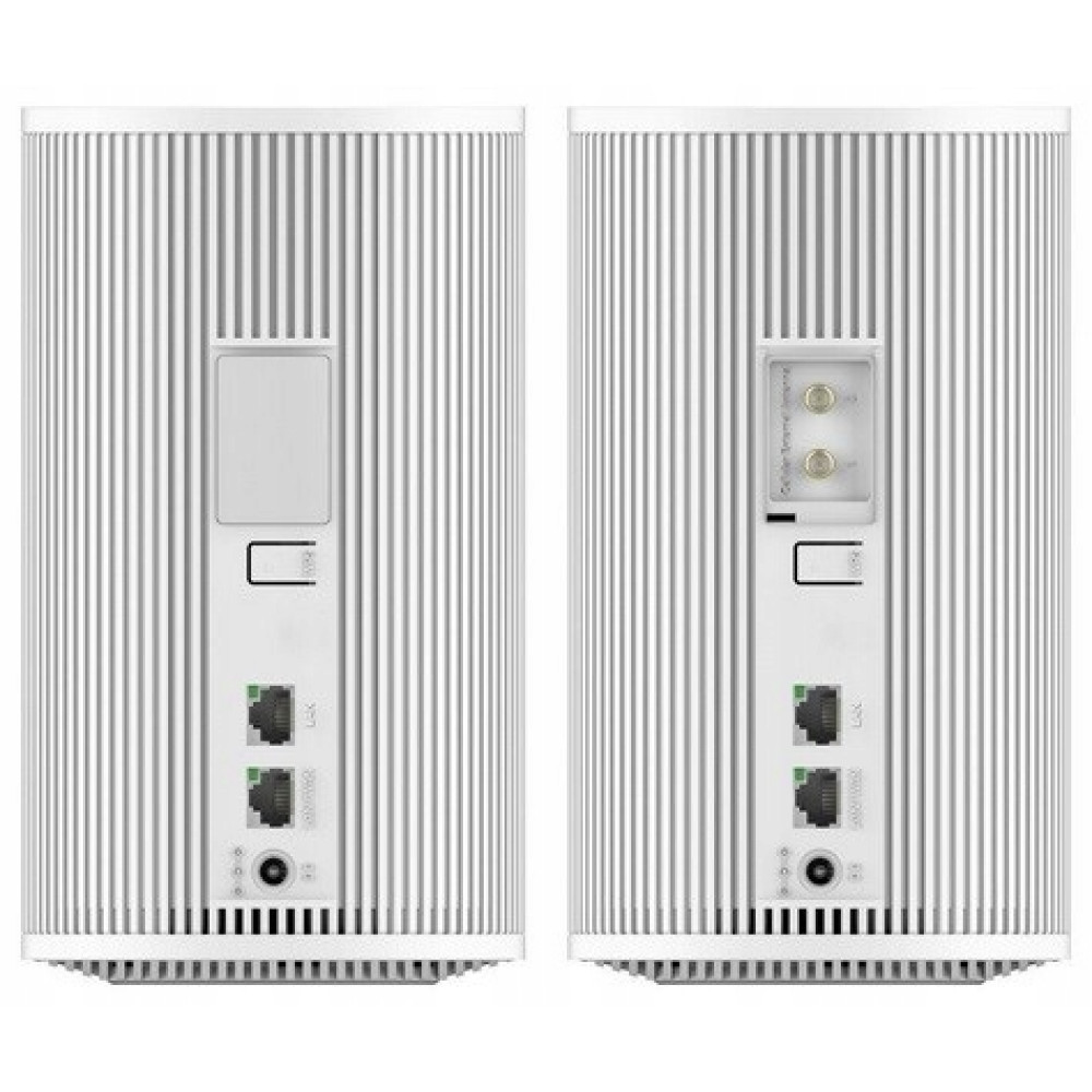 Zwei weiße, zylindrische Router von hinten mit Anschlüssen und vertikalen Rillen.