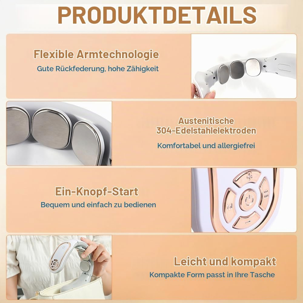 Produktdetails eines tragbaren Nackenmassagegeräts mit flexiblen Armen, Edelstahl-Elektroden und Knöpfen.