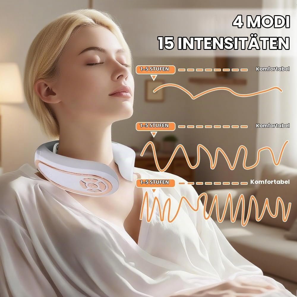 Eine blonde Frau trägt ein weißes Nackemassagegerät mit Rosegold-Akzenten und zeigt verschiedene Modus-Grafiken.