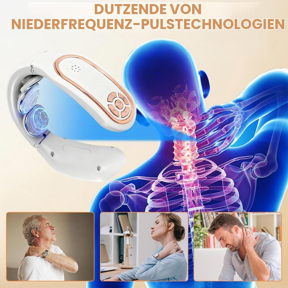 Nackenmassagegerät mit blauem Skelett-Diagramm und drei Personen, die Schmerzen im Nacken haben.