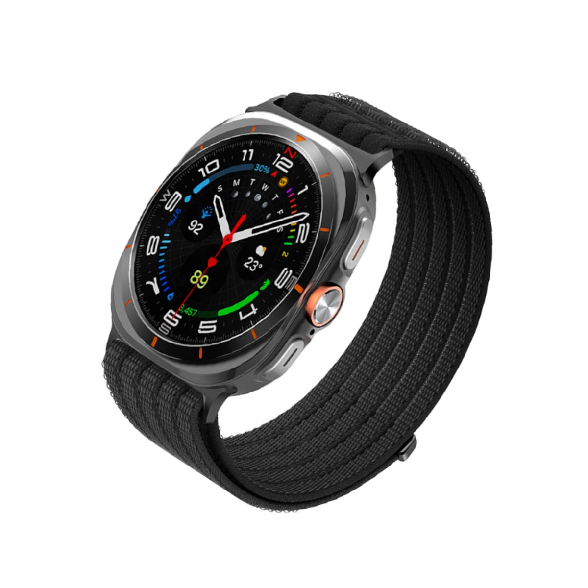 Eine schwarze Smartwatch mit strukturiertem Stoffarmband und digitalem Zifferblatt mit Zahlen und Messwerten.