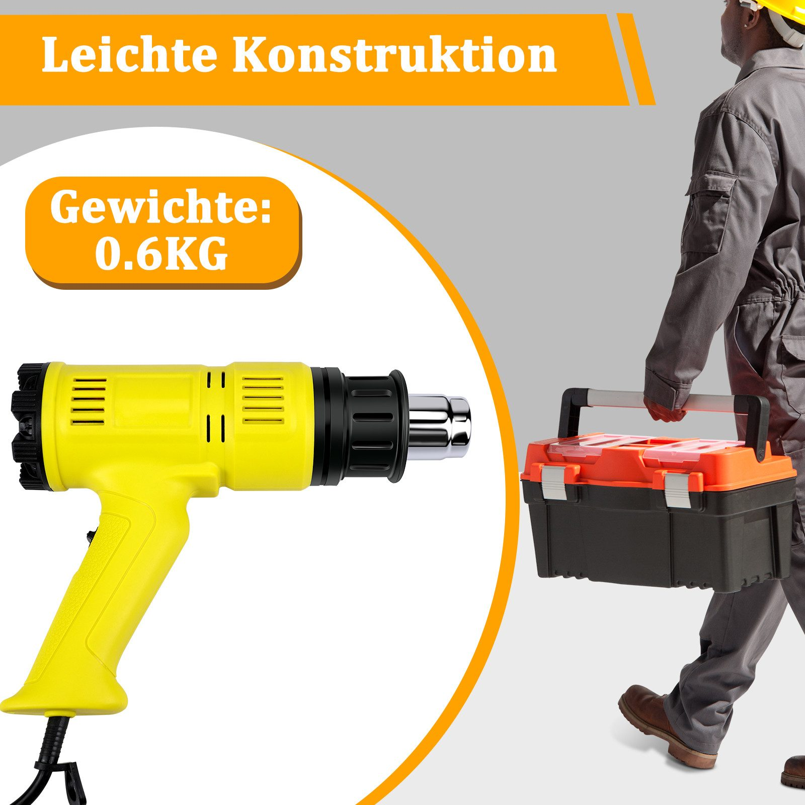 Gelbe Heißluftpistole mit Gewicht 0.6KG und Arbeiter mit Werkzeugkasten.
