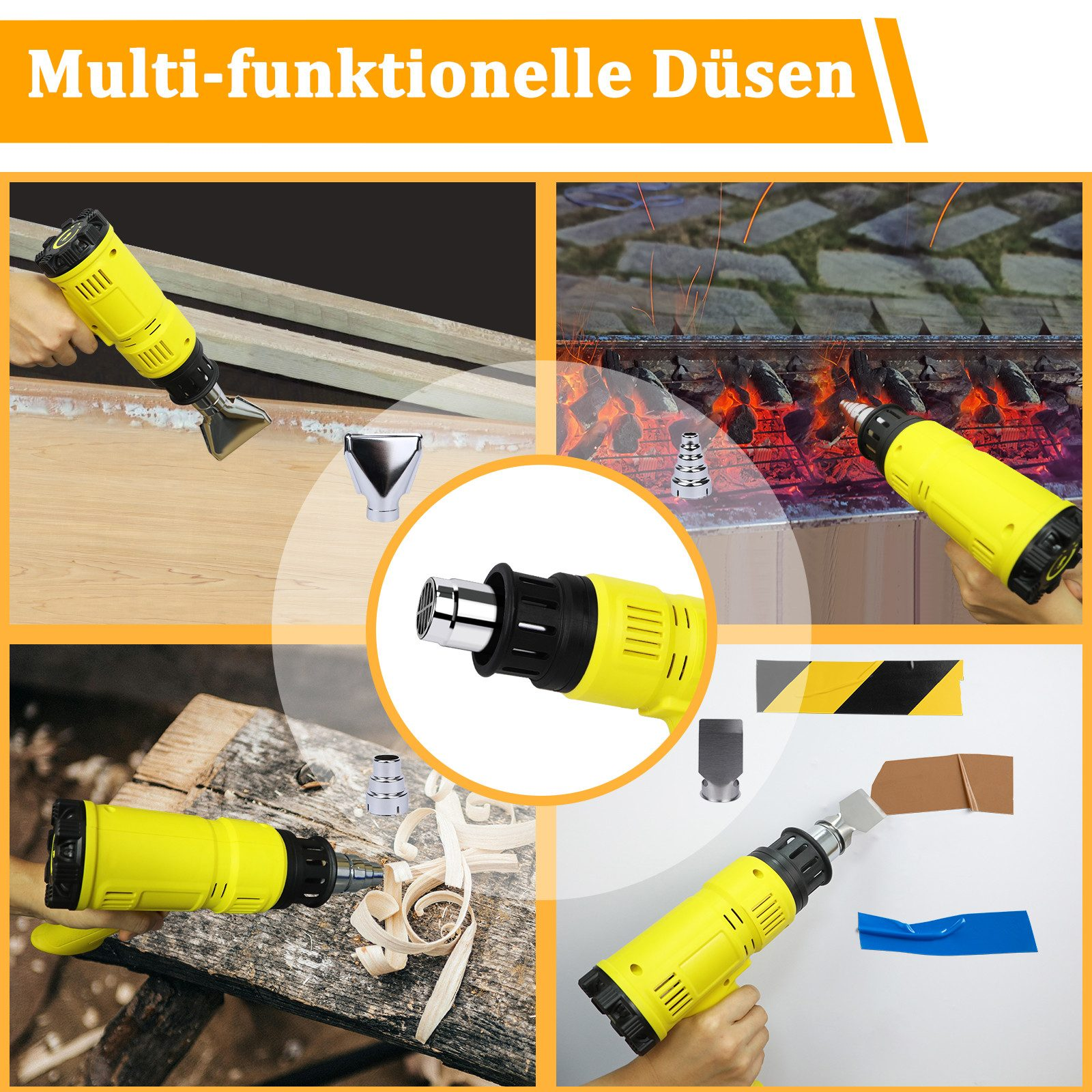 Gelbe Heißluftpistole mit verschiedenen Düsenaufsätzen bei unterschiedlichen Anwendungen.
