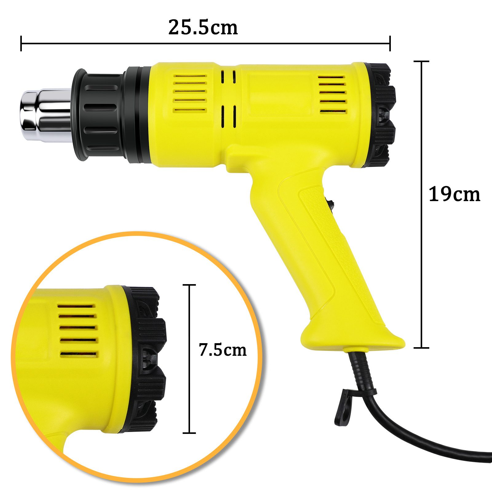 Gelbe Heißluftpistole mit Bemaßung: 25,5 cm lang, 19 cm hoch und 7,5 cm Durchmesser an der Rückseite.