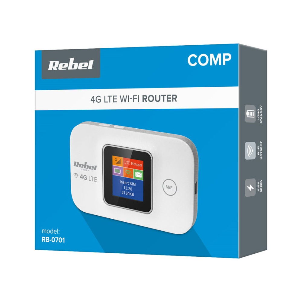 Niebieskie pudełko produktu białego routera Wi-Fi Rebel 4G LTE z ekranem.