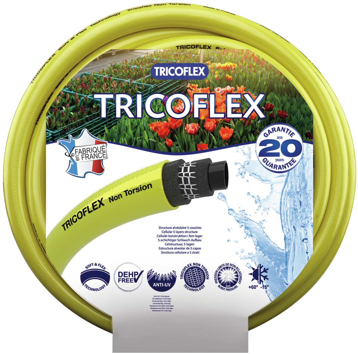 Gelber Tricoflex Gartenschlauch aufgerollt mit Etikett und Tulpenmotiv.
