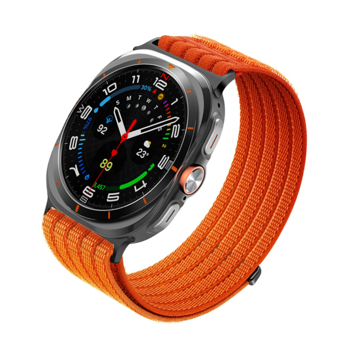 Eine graue Smartwatch mit einem leuchtend orangen Stoffarmband und digitalem Zifferblatt.