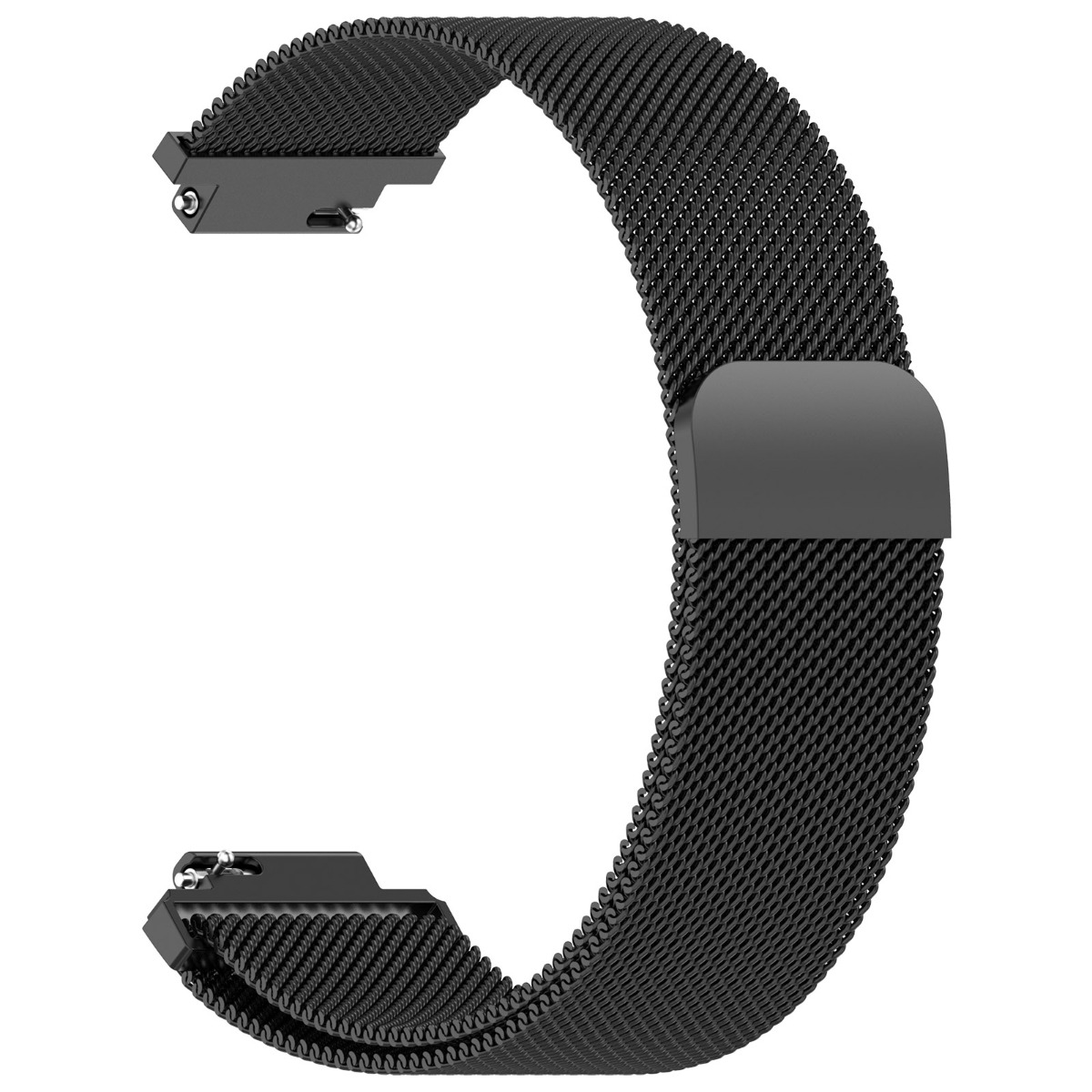 Ein schwarzes Metallgeflecht-Uhrenarmband auf weißem Hintergrund.