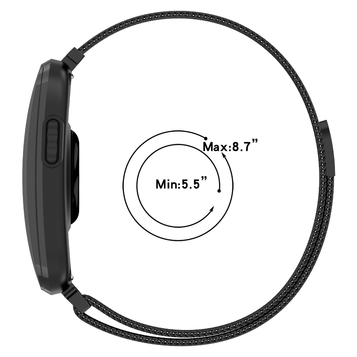Schwarze Smartwatch mit Mesh-Armband zeigt Handgelenksumfang von 5,5 bis 8,7 Zoll.